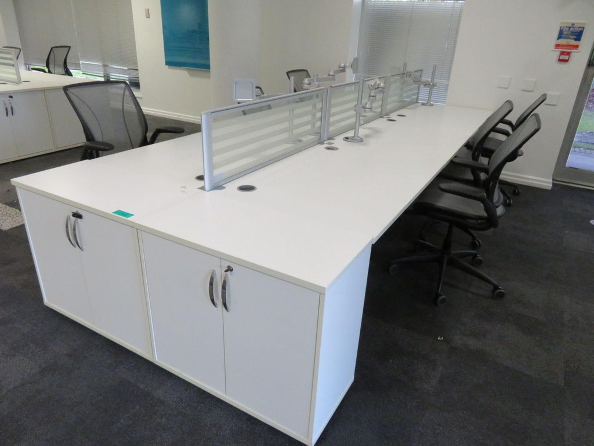 6 Person Desk Arrangement With Dividers, Monitor Arms & Storage Cupboards. Chairs Are Not Included.