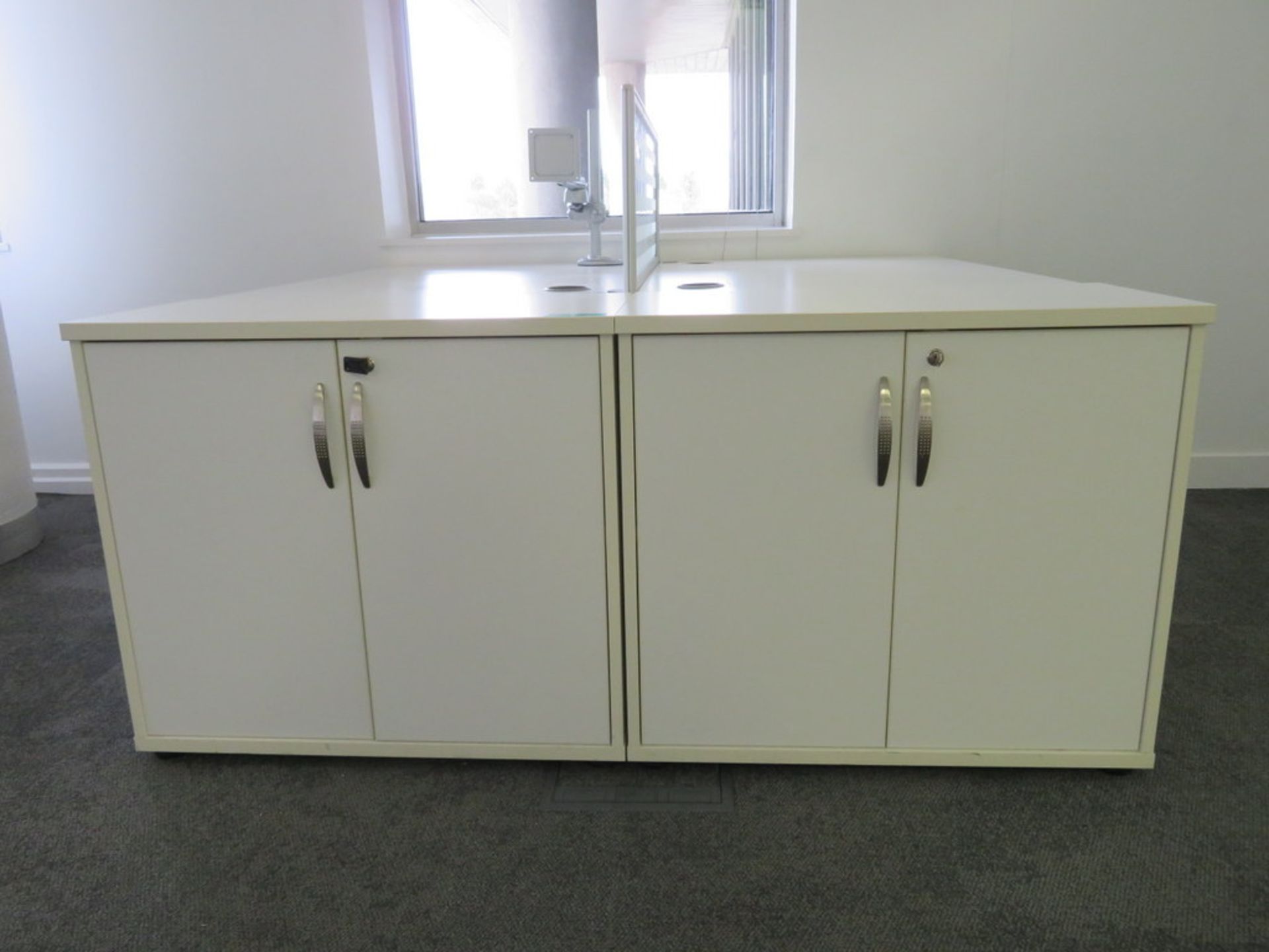 2 Person Desk Arrangement With Divider & Storage Cupboards. - Image 2 of 3