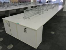 12 Person Desk Arrangement With Dividers, Monitor Arms & Storage Cupboards.