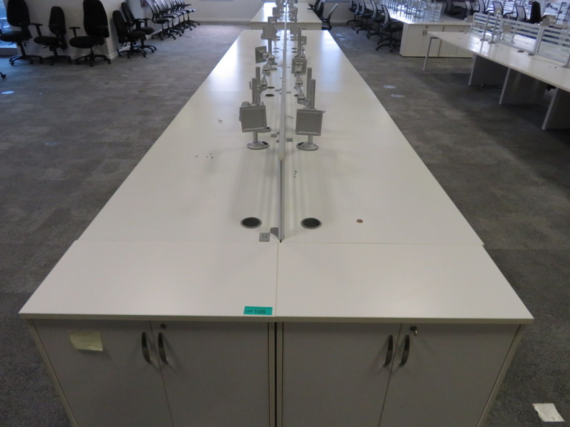 12 Person Desk Arrangement With Dividers, Monitor Arms & Storage Cupboards. - Image 2 of 4