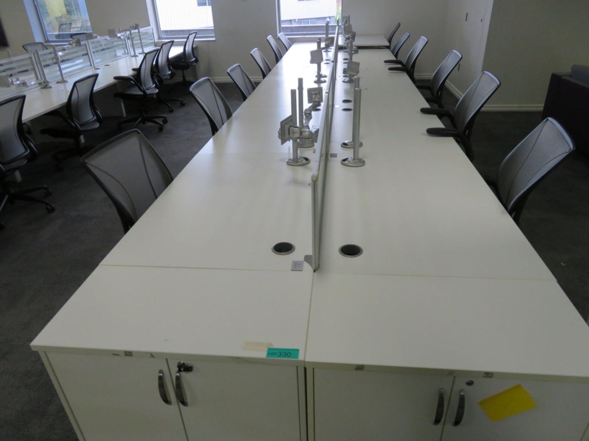 12 Person Desk Arrangement With Dividers, Monitor Arms & Storage Cupboards. Chairs Are Not Included. - Image 2 of 4