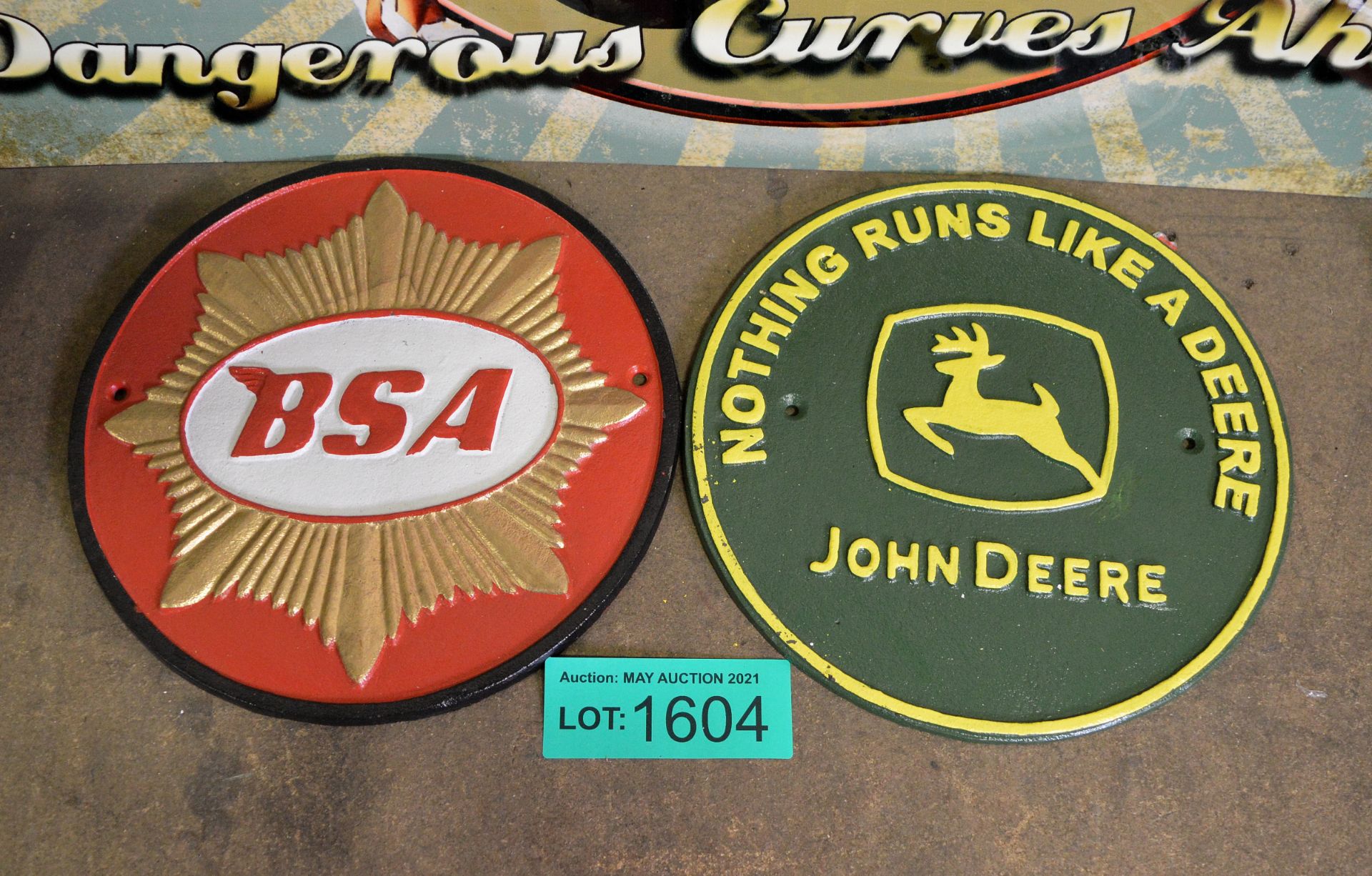 2x Cast signs - 24cm diameter - John Deere, BSA