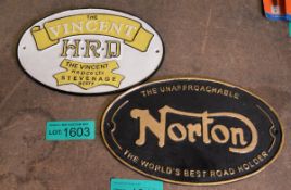 2x Cast oval signs - Norton, HRD