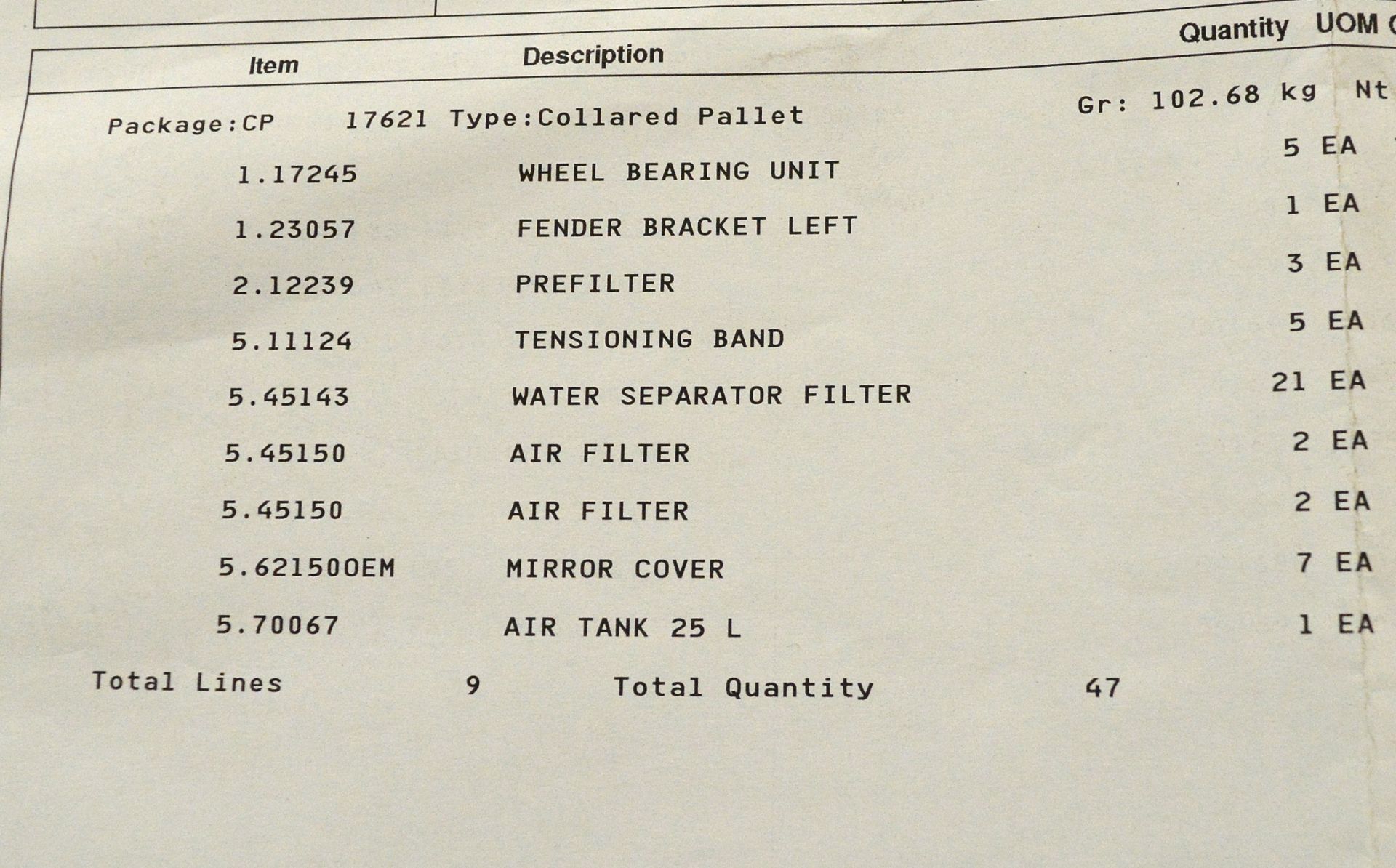 Vehicle parts - wheel bearing unit, fender bracket LH, tensioning band, air filters, mirro - Image 6 of 6