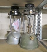 2x Kerosine tilley lamps - 1x green base, 1x silver base, black top