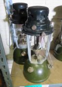 2x Kerosine tilley lamps - green base, black top