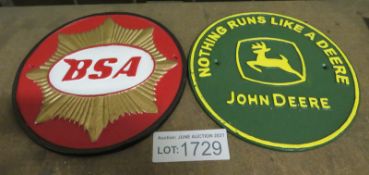 2x Cast signs - 24cm diameter - John Deere, BSA