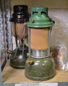 2x Kerosine tilley lamps - 1x green base, black top - 1x green base, green top