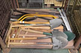 Spades, pick axe heads and handles, Draper saw blades, axes,