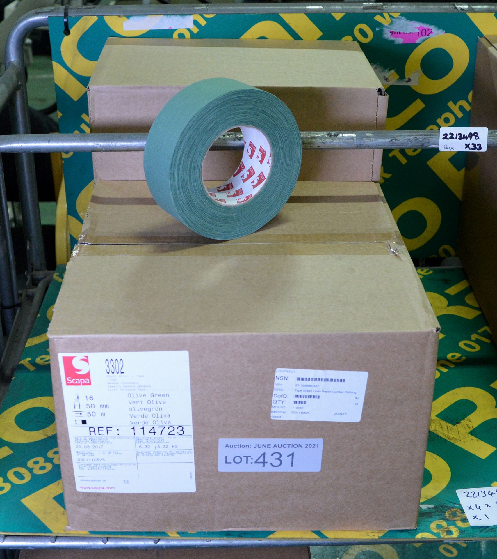 Scapa Cloth Adhesive Tape Olive Green - L 50M x W 50mm - 16 Rolls Per Box - 2 boxes