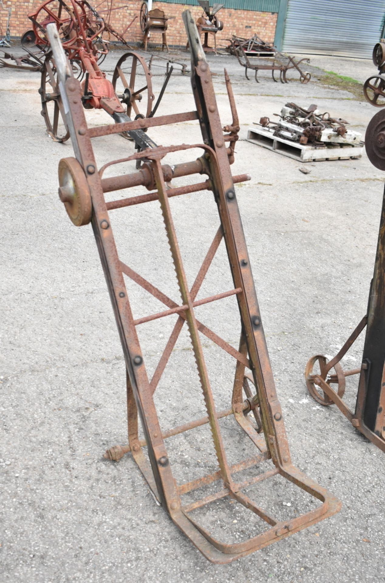 COOKS, YAXLEY, PETERBOROUGH. SACK WINDING BARROW. NO HANDLE, ONE WHEEL BROKEN.