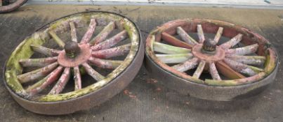 TWO WOODEN WHEELS WITH CAST IRON HUBS, FOSTER LINCOLN, DIAMETER 120cm