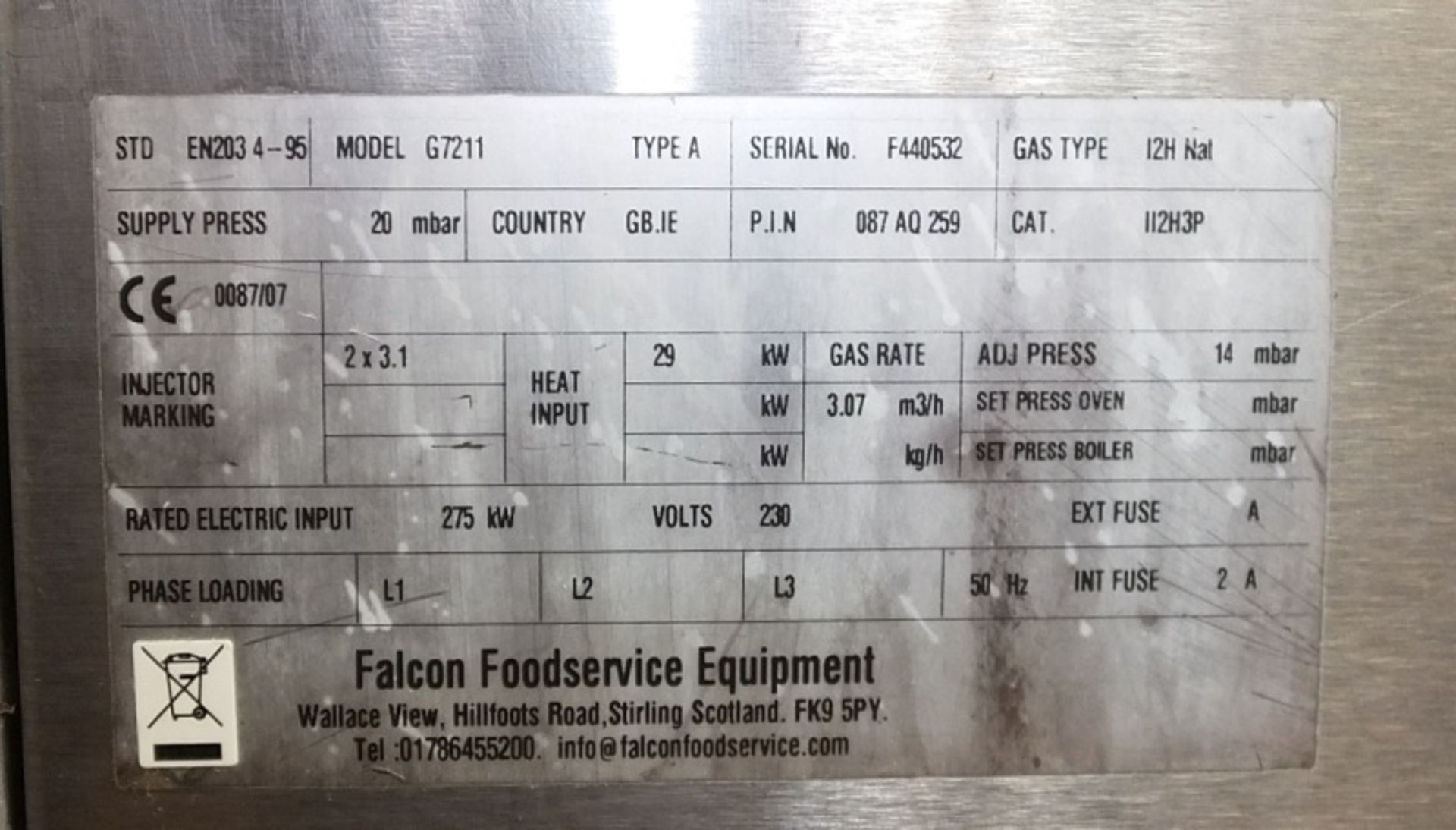 Falcon G7211 Convection Oven - Natural Gas - Single Phase - 240v - Serial No. F440532 - Image 5 of 6