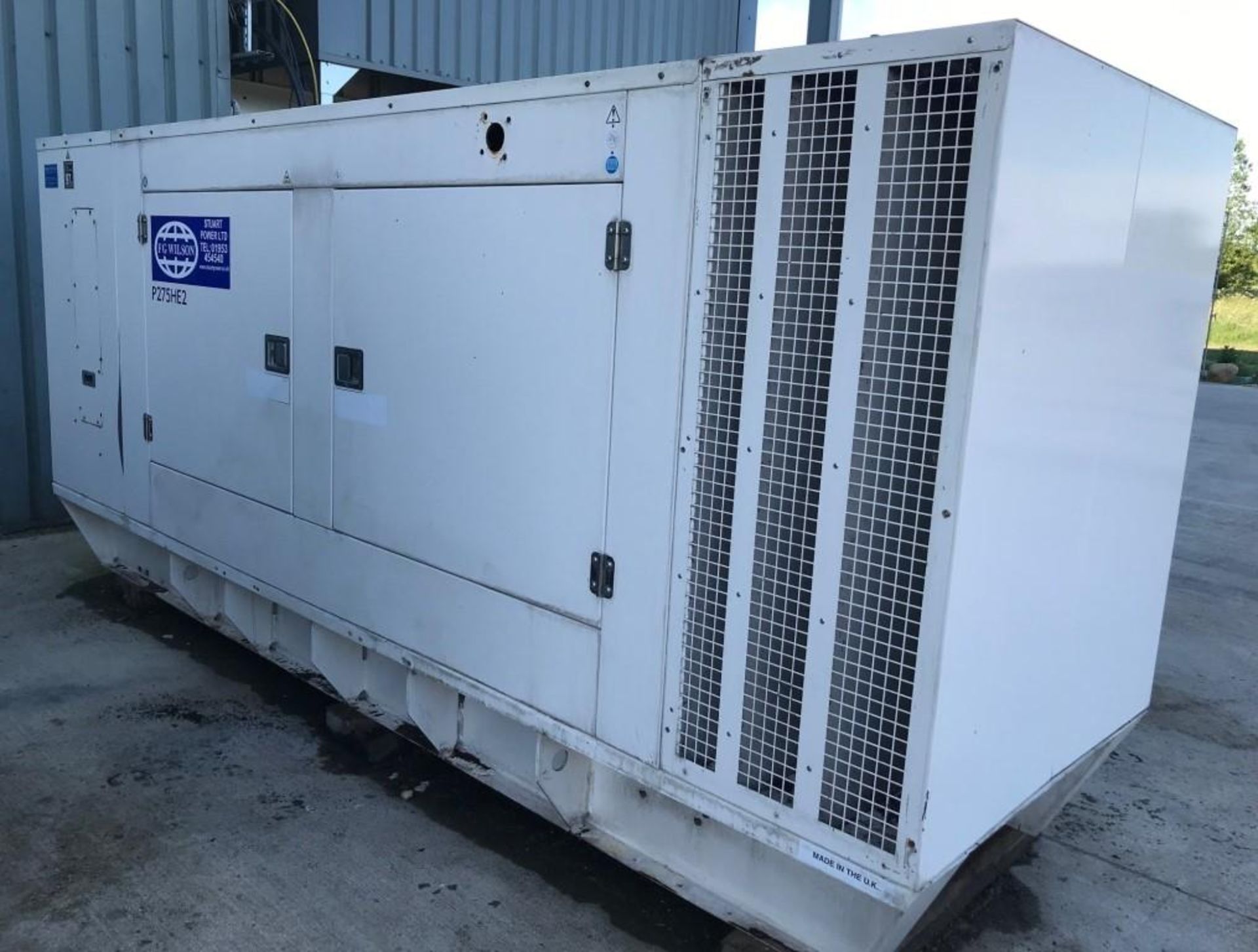 The generator for sale is a 2009 F G Wilson P275 rated at 250Kva prime and 275kva standby