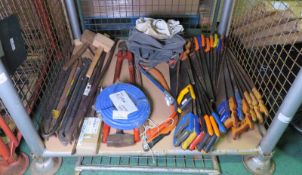 Various Hand Tools - Hand Saws, Crowbars, tool bags, wooden mallets, sledgehammer,