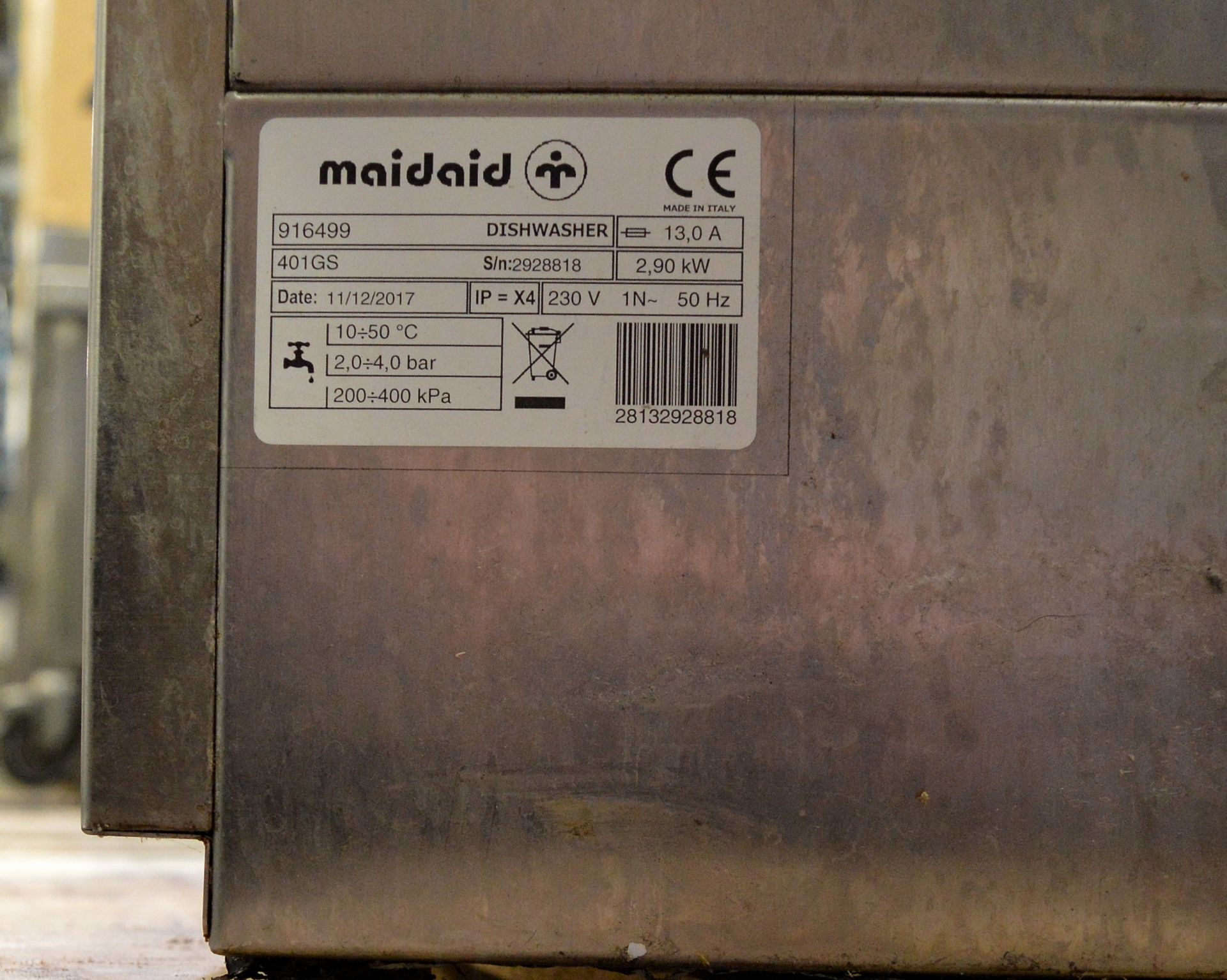 Maidaid glasswasher - GS401 - 2.9kW - 230V - 1ph - 50hz - W 440mm x D 520mm x H 675mm - Image 5 of 5