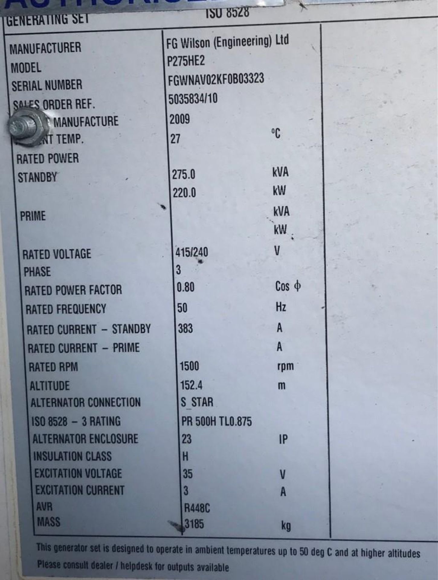 The generator for sale is a 2009 F G Wilson P275 rated at 250Kva prime and 275kva standby - Image 22 of 23