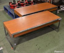 2x Coffee tables - wood topped metal legged - L 1200mm x D 500mm x H 400mm