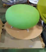 Wooden Low Coffee Table - L 900 x W900 x H300mm & Lime Green upholstered stool with Metal