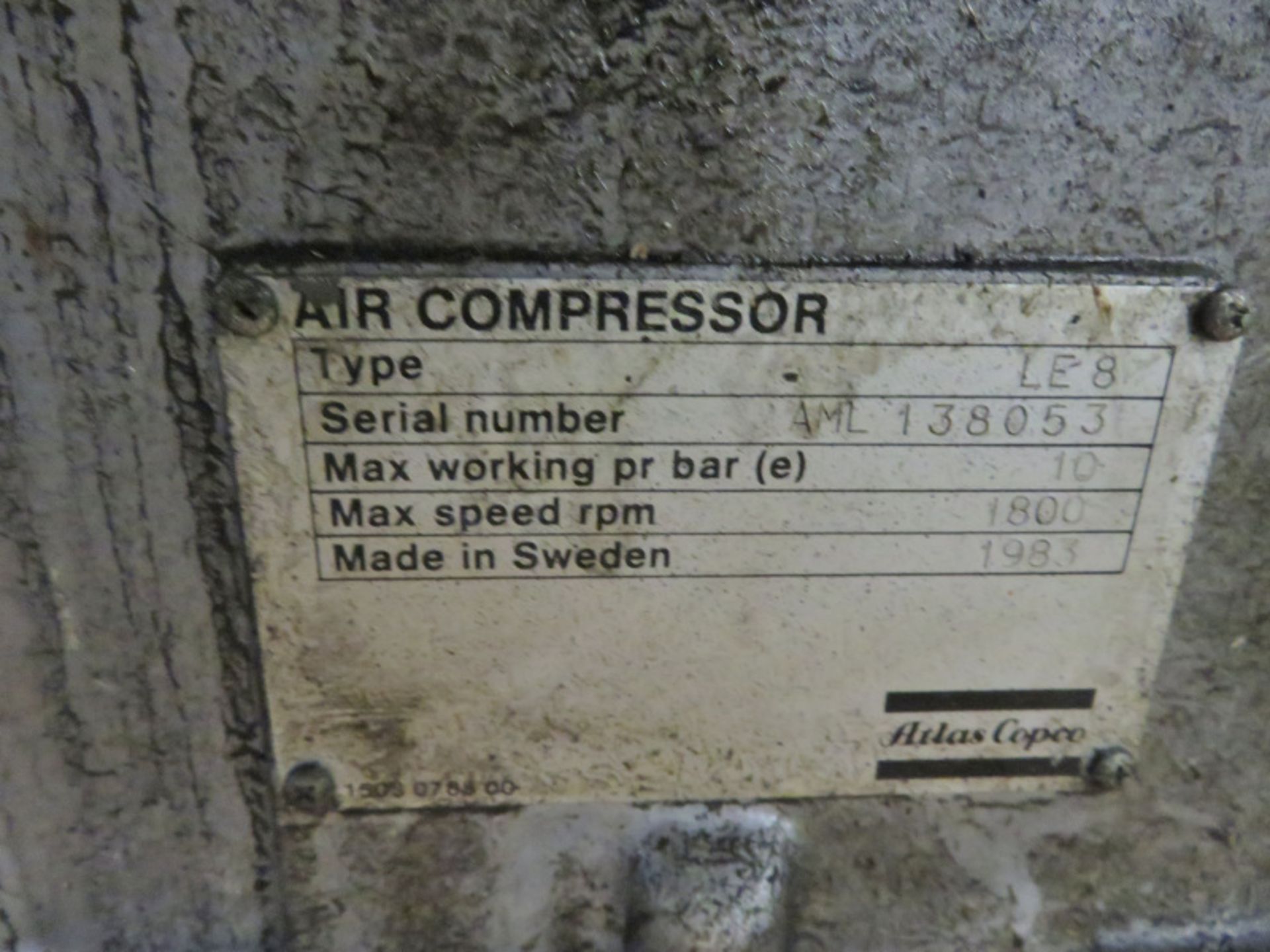 Atlas Copco LE8 compressor - 10bar - 1800RPM, Harris Bros. Cylinder Tank - Serial No. 6103-1 - Image 9 of 10