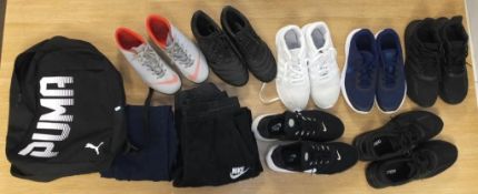 5 pairs of trainers, 2 pairs of football boot - Adidas & Nike, Trainer bottoms, Puma Rucksack