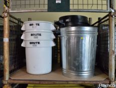 7x Rubbermaid Brute plastic bins, 1x metal dustbin, 2x black plastic dustbins