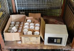 2x boxes of mugs - Dayco, Andrew Page, Marksman electronic safe (combination unknown)