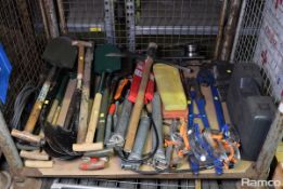 Various hand tools - spades, bolt cropper, goggles, grease guns, pick axe