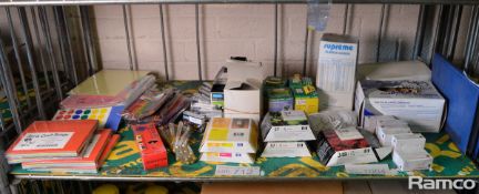 Various stationary - coloured pencils, gummed paper, drawing pins, rubber bands, printer cartridges