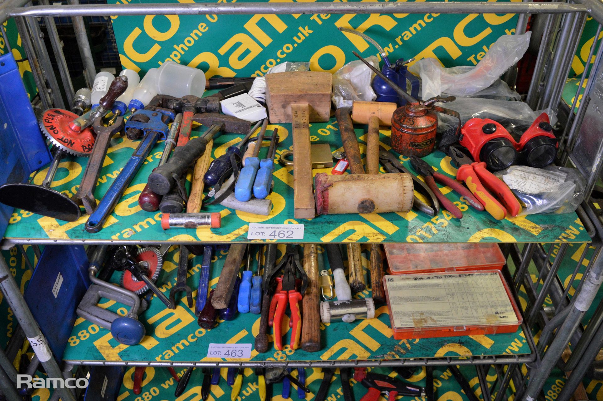 Hand Tools - Mallet, Goggles, Hammer, Screwdriver, hand drill, oil cans, pliers, wrench