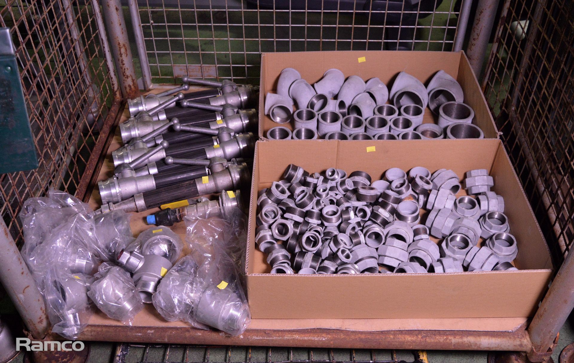 Various Galvanised Pipe Connectors, 9x Fire Hose Hand Operated Nozzles, 8x Fire Hose Quick