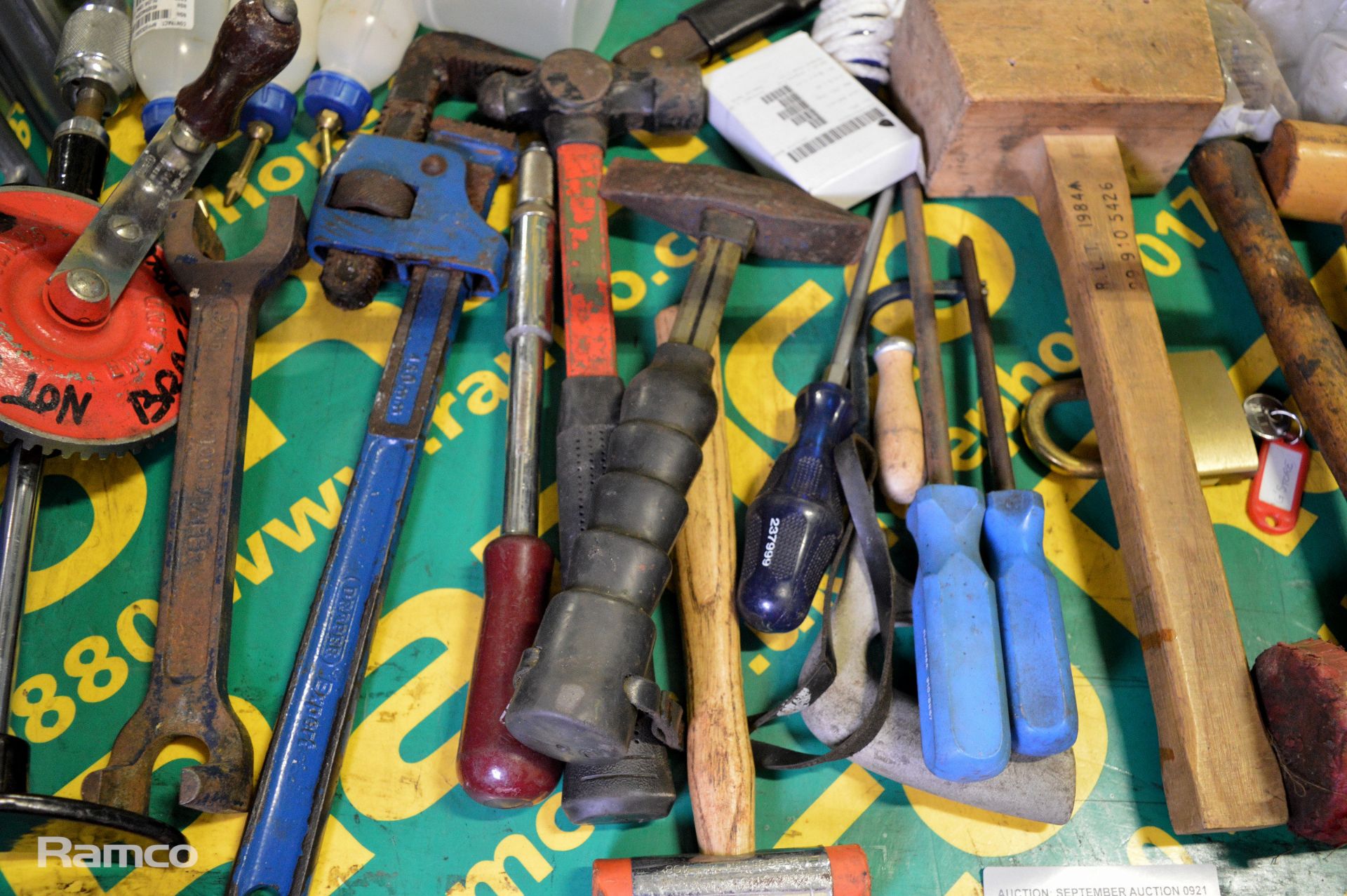 Hand Tools - Mallet, Goggles, Hammer, Screwdriver, hand drill, oil cans, pliers, wrench - Image 2 of 3
