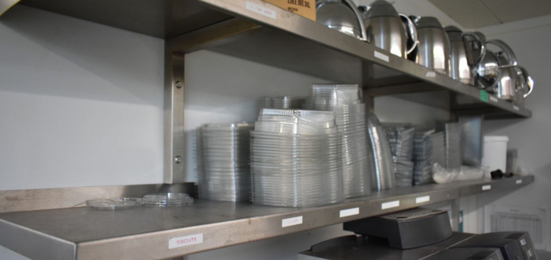 2 Stainless steel shelves plus contents, contents to include plastic food containers, cof - Image 4 of 4