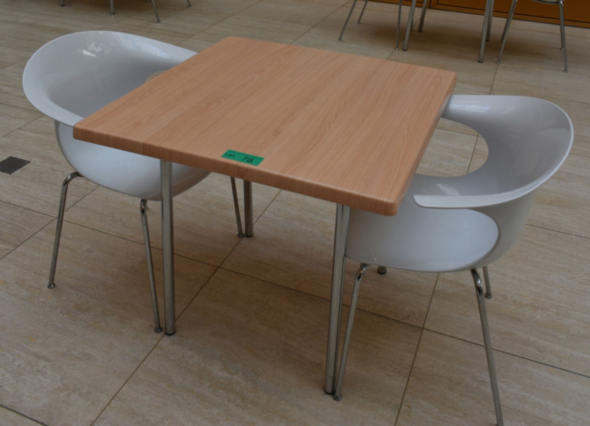 1 x square canteen table, W 800mm x H 750mm accompanied by 2 x plastic seats