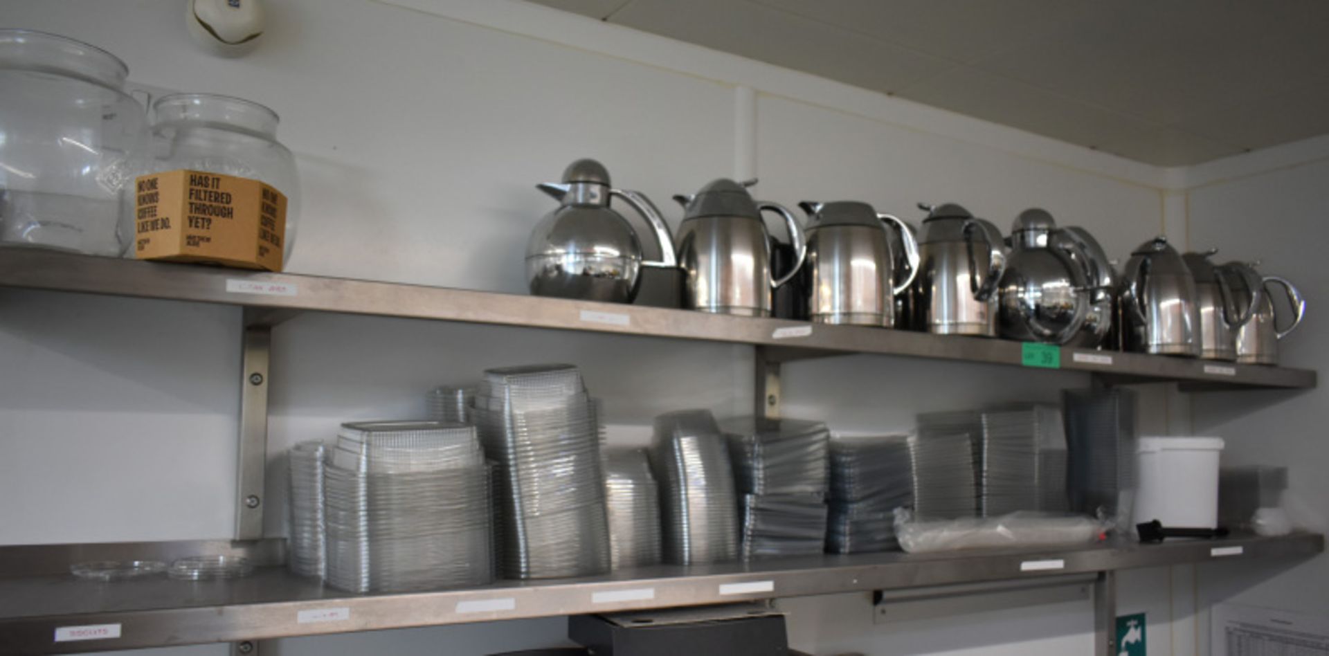 2 Stainless steel shelves plus contents, contents to include plastic food containers, cof