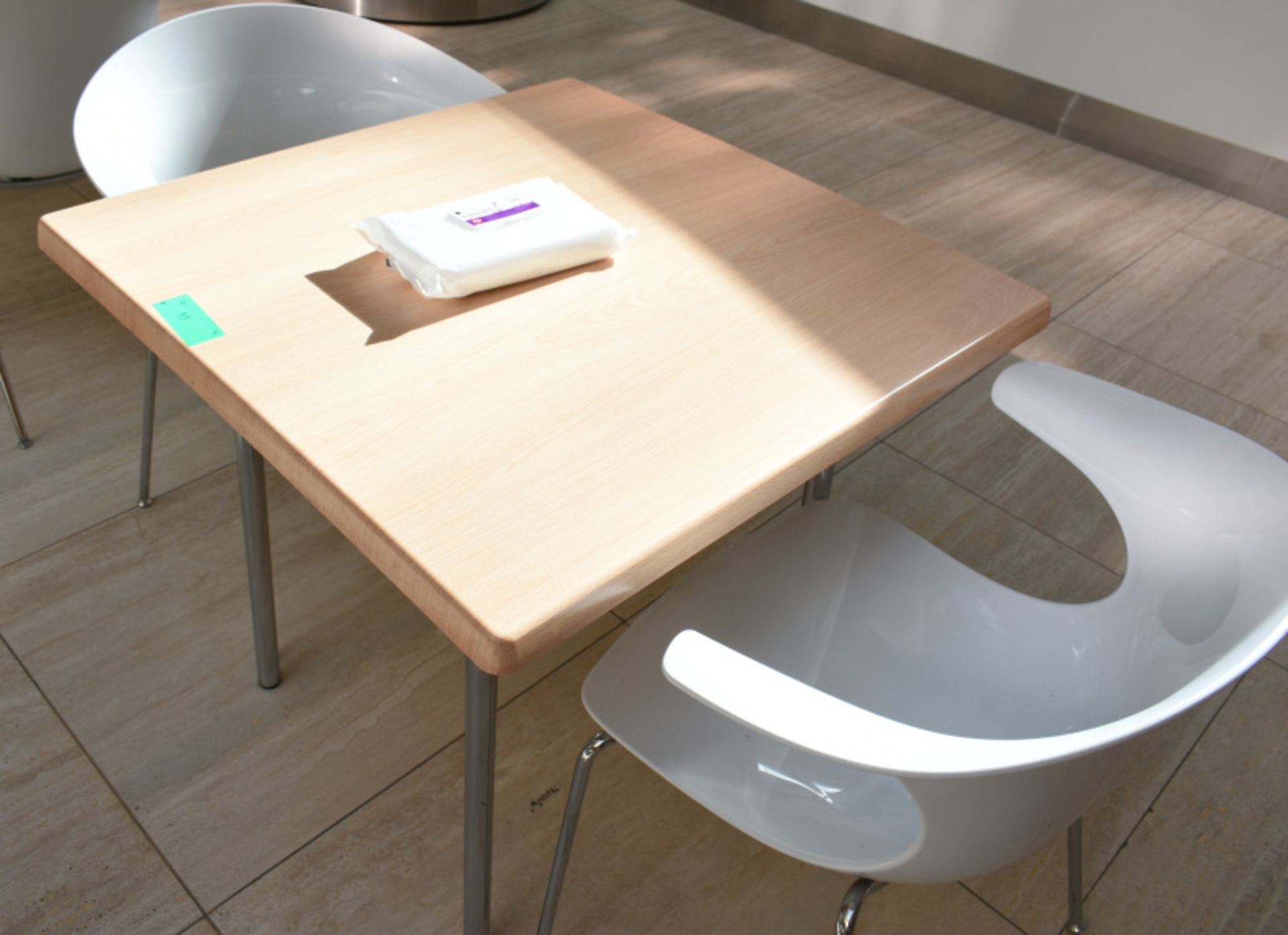 3 x square canteen table, W 800mm x H 750mm accompanied by 6 x plastic seats - Image 2 of 3