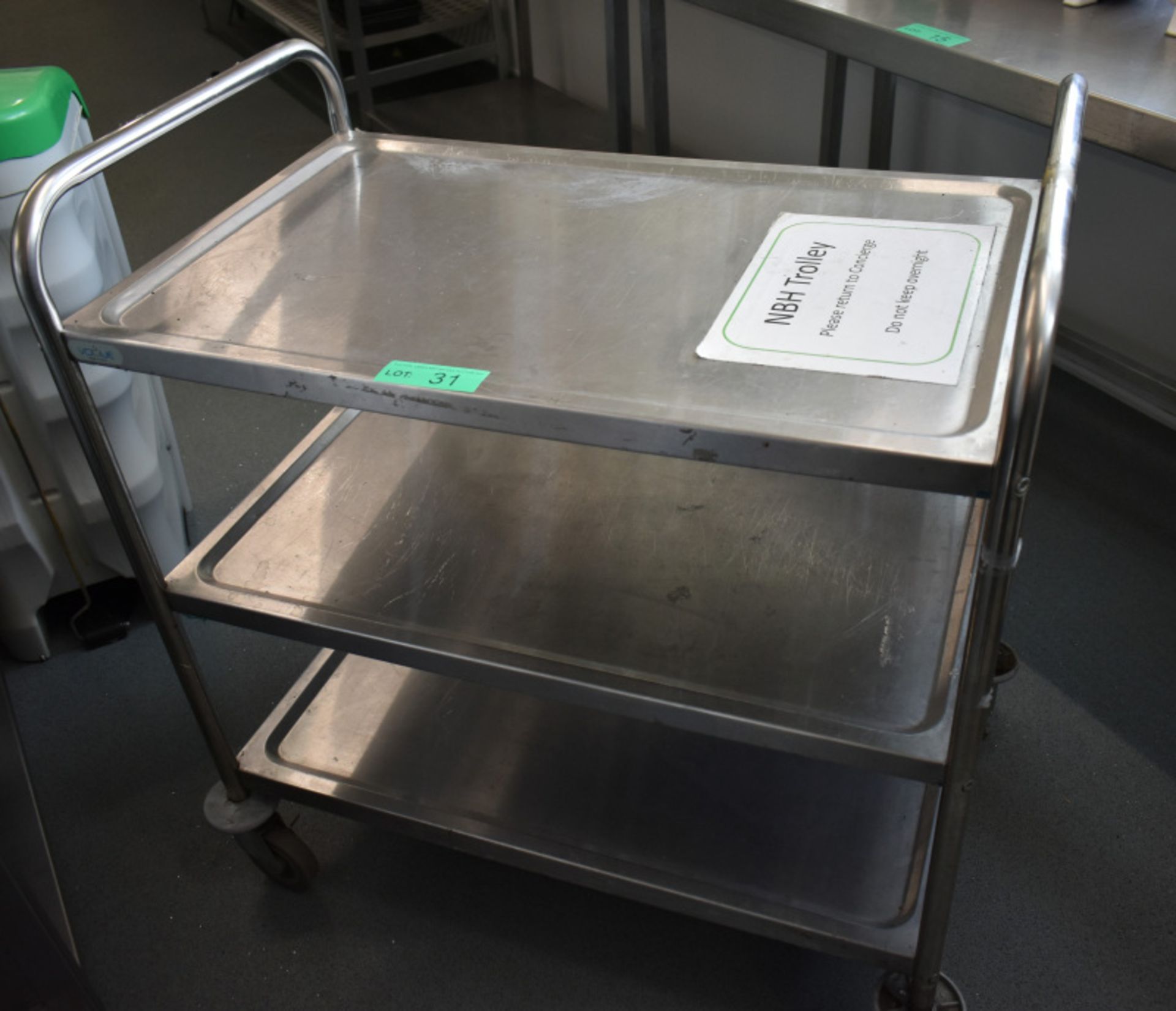 Three tier mobile stainless steel trolley, L 870mm x W 520mm x H 930mm