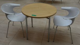 1 x round canteen table, W 900mm x H 750mm, accompanied by 2 x plastic seats
