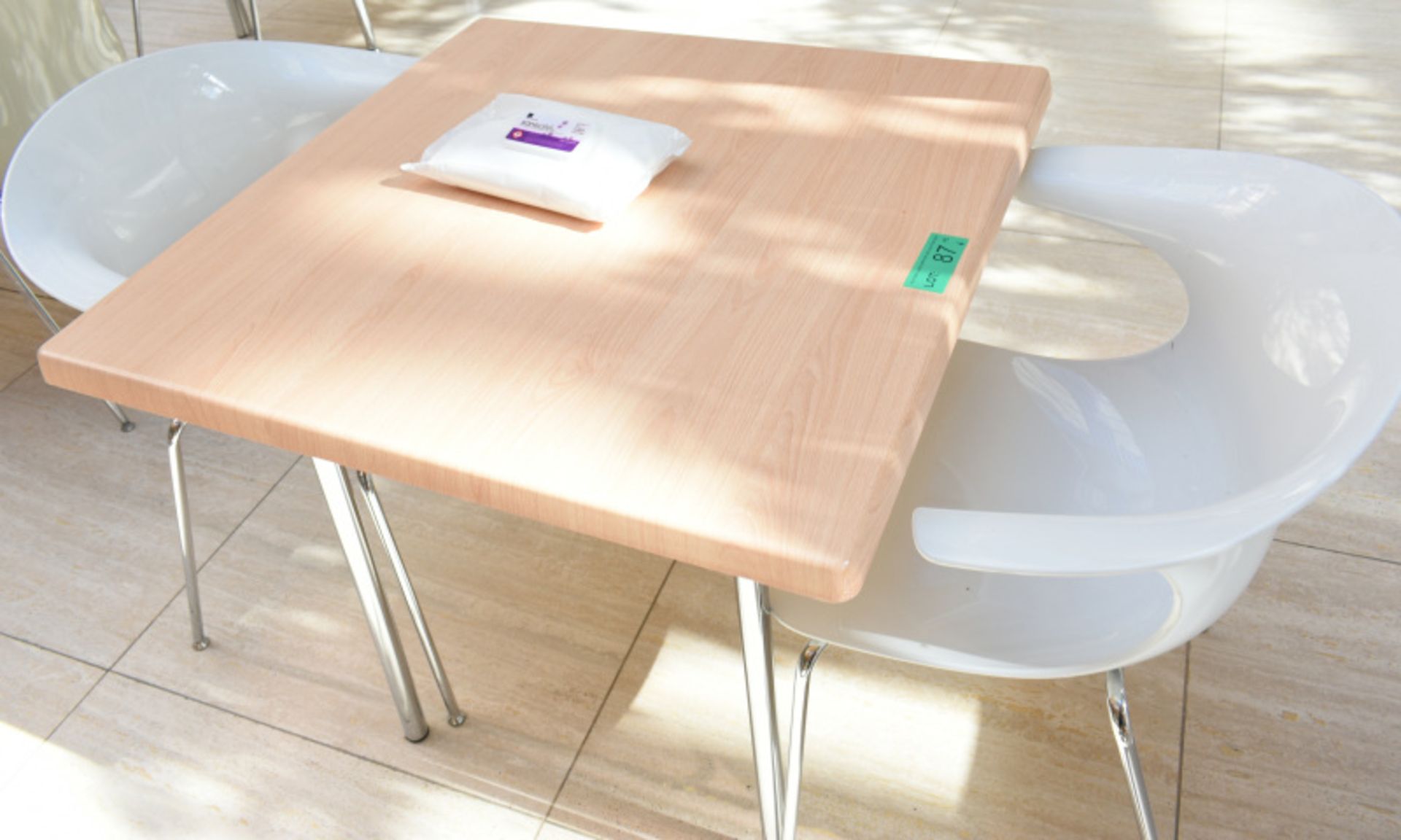 3 x square canteen table, W 800mm x H 750mm accompanied by 6 x plastic seats - Image 3 of 3