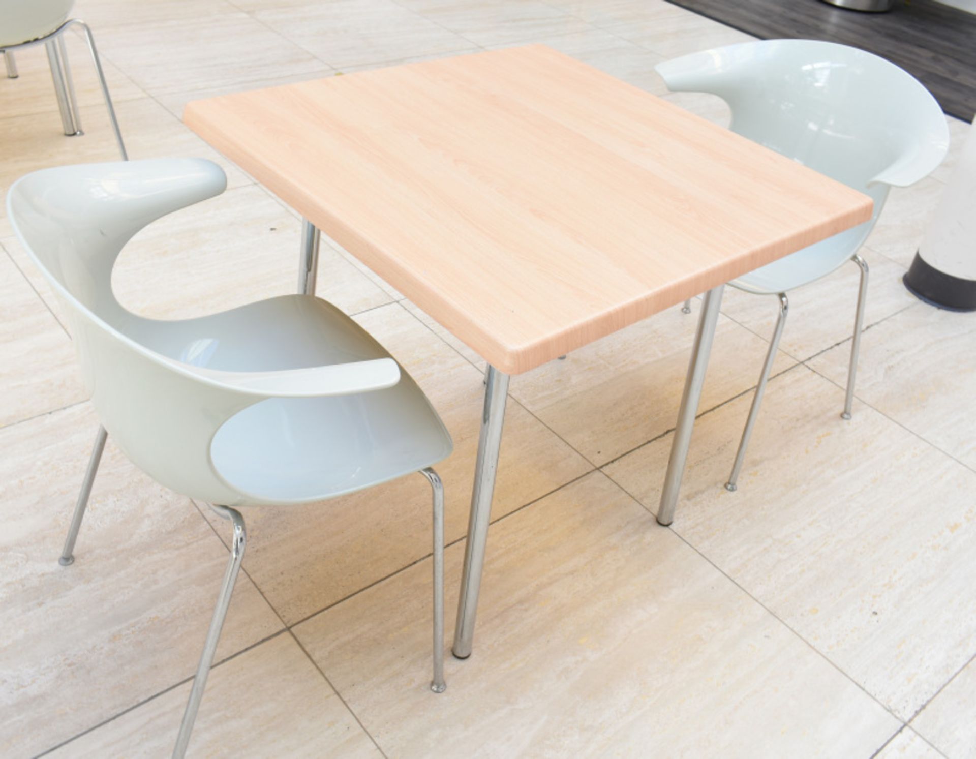 2 x square canteen table, W 800mm x H 750mm accompanied by 4 x plastic seats - Image 3 of 3