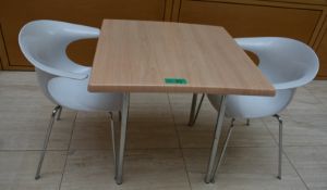 1 x square canteen table, W 800mm x H 750mm accompanied by 2 x plastic seats