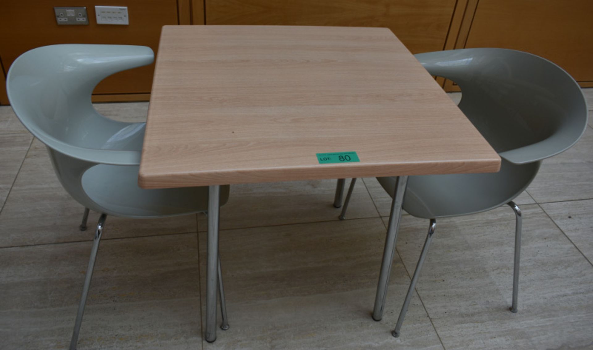 1 x square canteen table, W 800mm x H 750mm accompanied by 2 x plastic seats