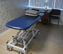 Contents of medical room includes 1 x medical therapy bed, 3 x chairs, 1 x privacy screen,