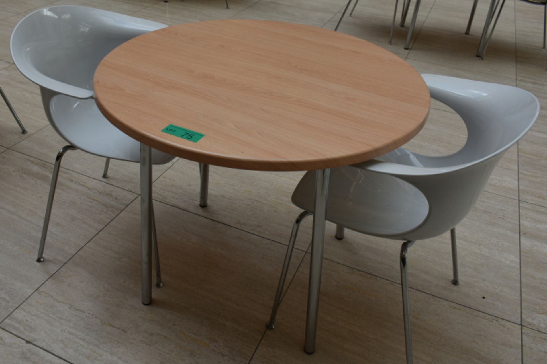 1 x round canteen table, W 900mm x H 750mm, accompanied by 2 x plastic seats