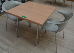 1 x square canteen table, W 800mm x H 750mm accompanied by 2 x plastic seats