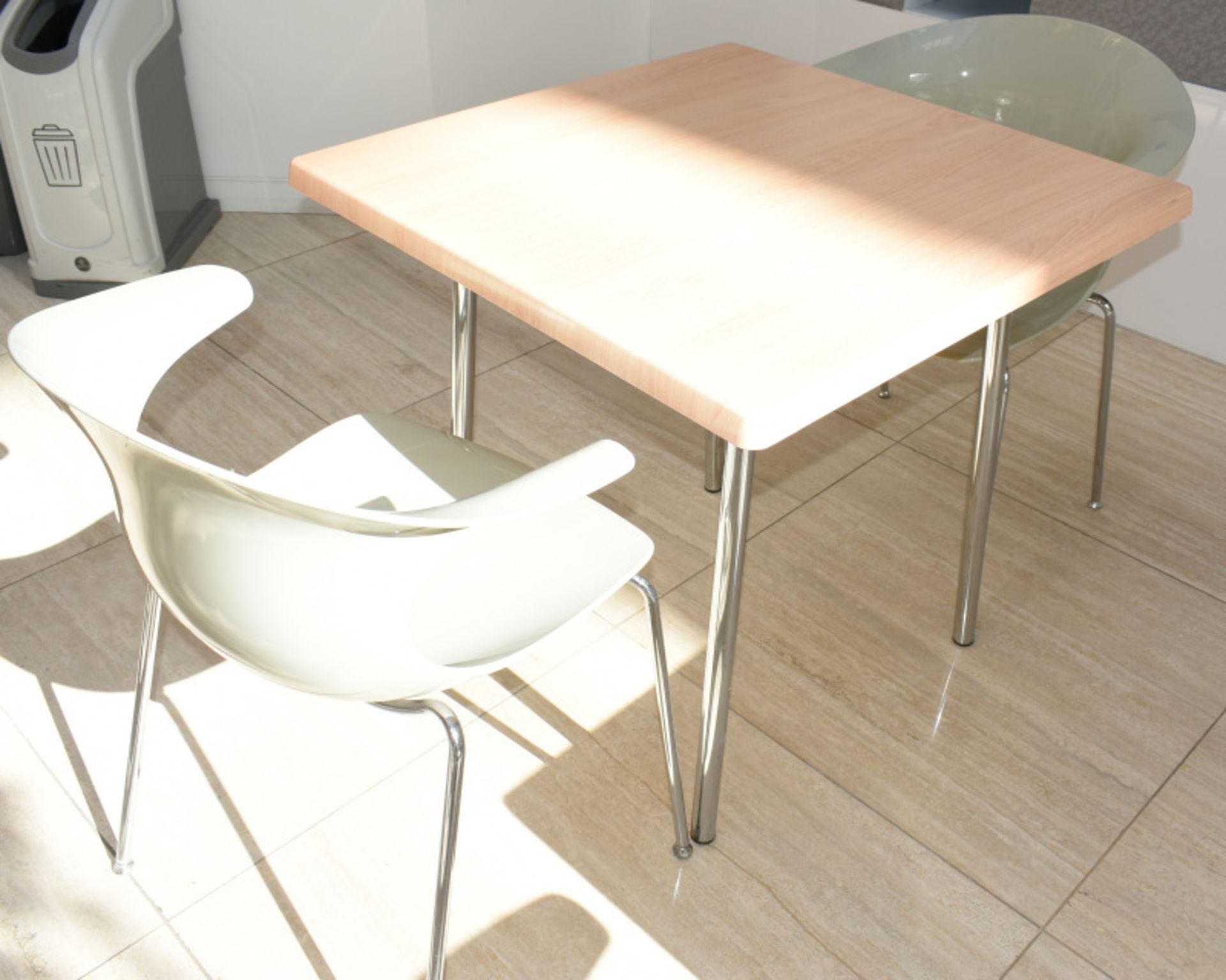 3 x square canteen table, W 800mm x H 750mm accompanied by 6 x plastic seats - Image 3 of 3