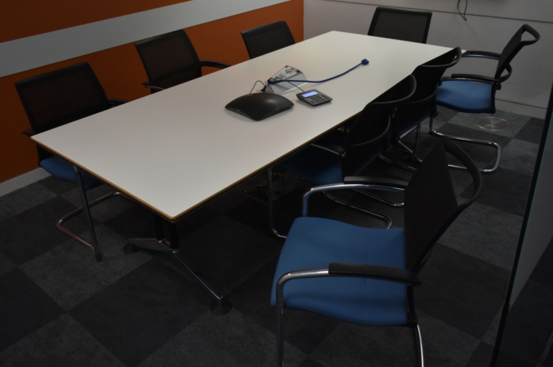 Meeting room contents, 1 x table L 2400mm x W 1050mm x H 750mm, 8 x conference chairs, A-