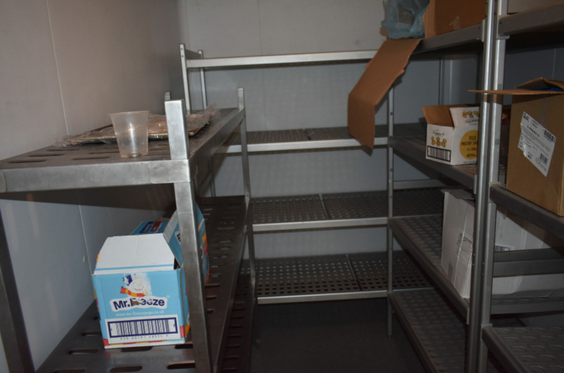 4 x Various sized 4 tier kitchen racking. 1 x Stainless steel three tier kitchen racking L