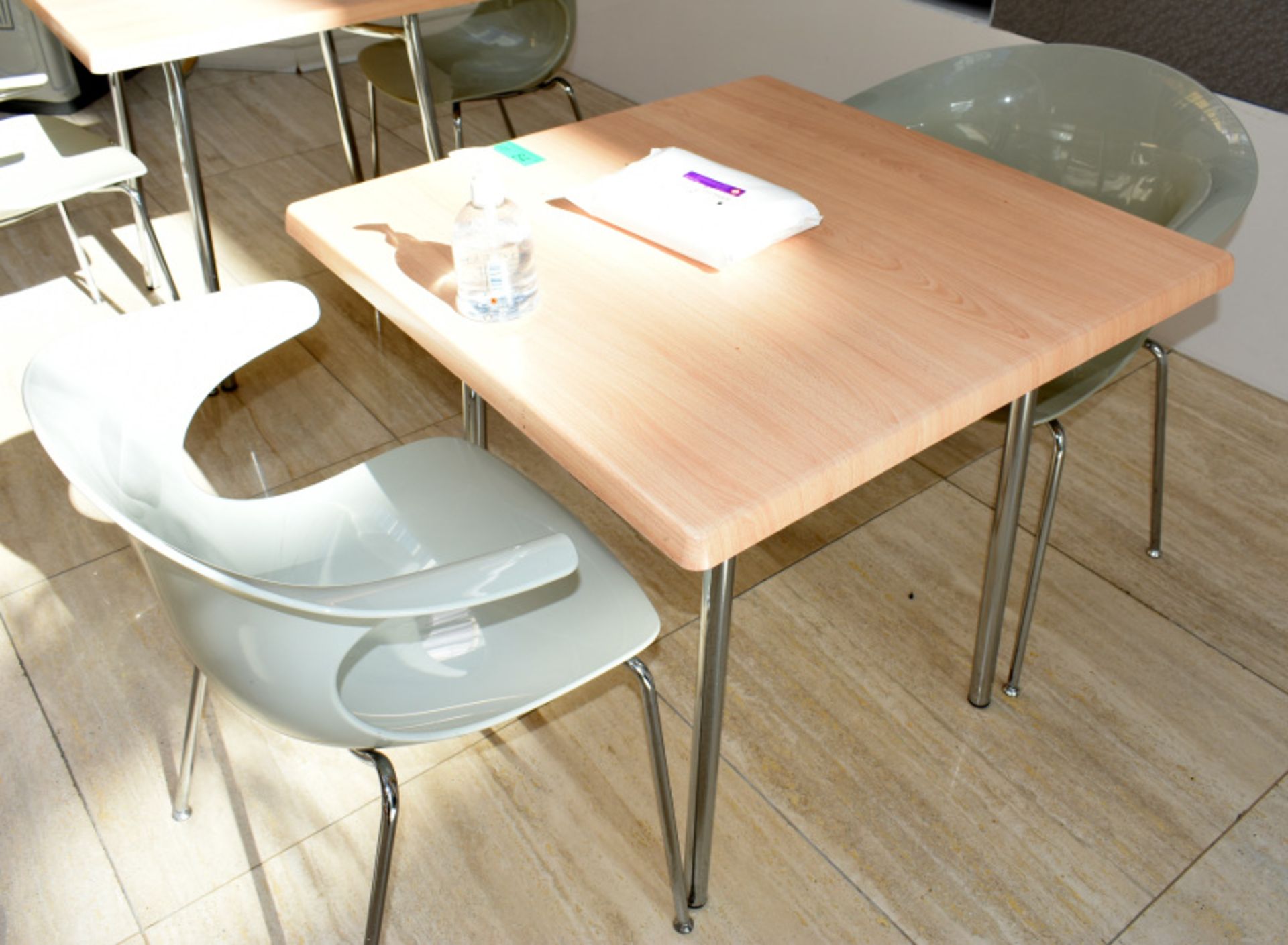 3 x square canteen table, W 800mm x H 750mm accompanied by 6 x plastic seats - Image 2 of 3