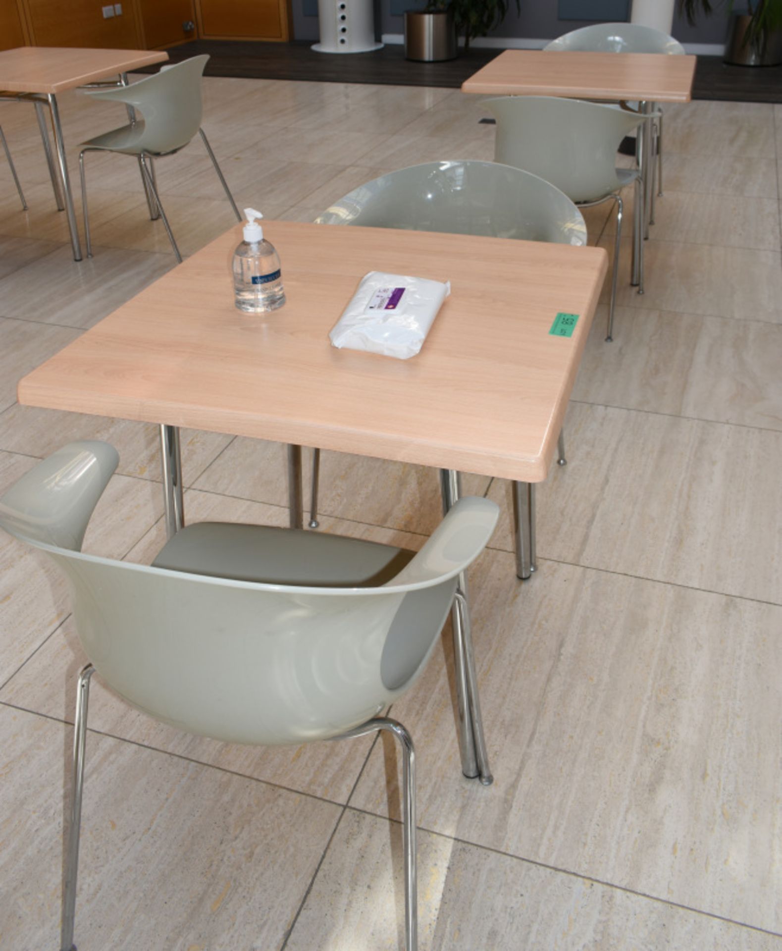 2 x square canteen table, W 800mm x H 750mm accompanied by 4 x plastic seats